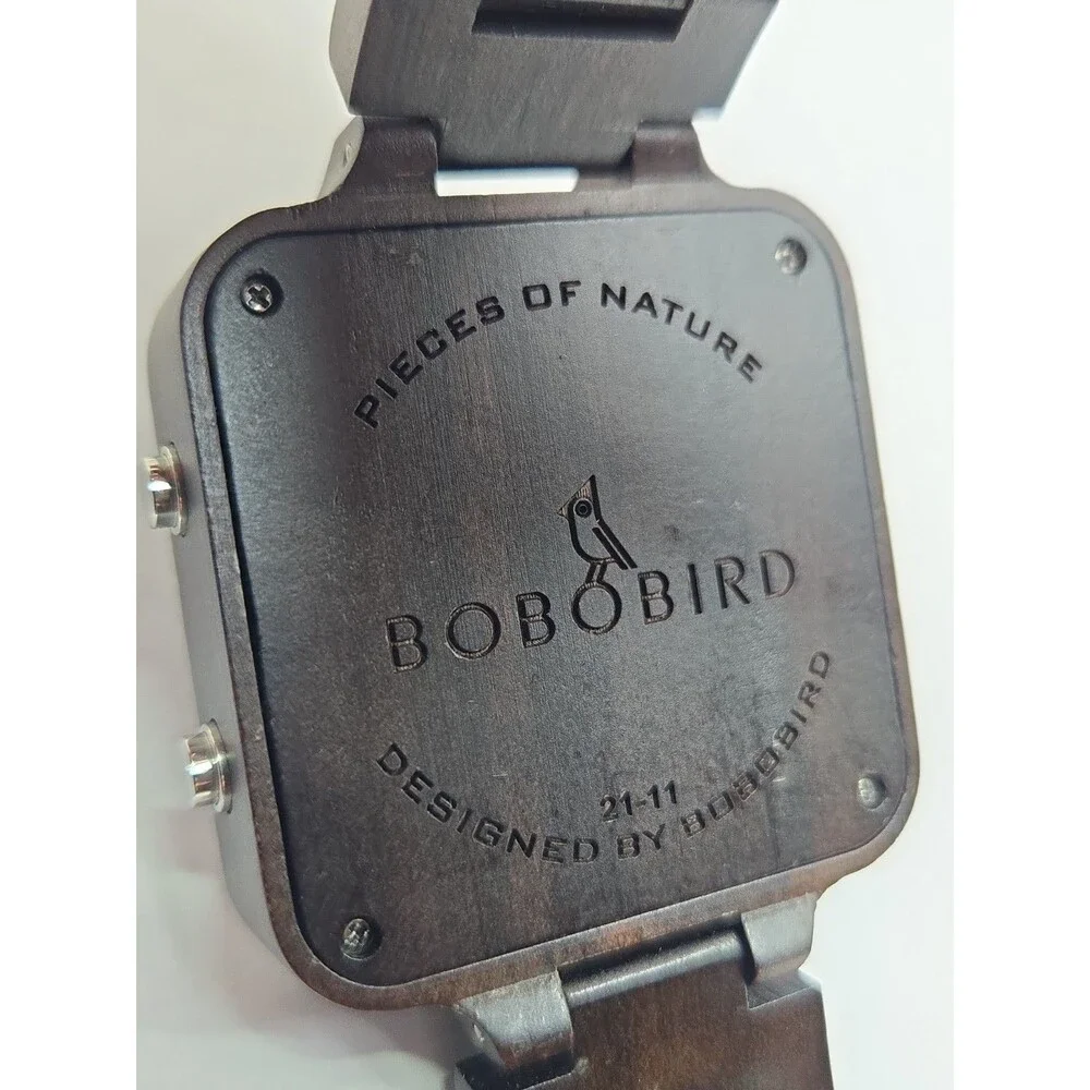 BOBO BIRD Mens Digital Wooden Watch LED Binary Date Retro Dark Brown New Battery